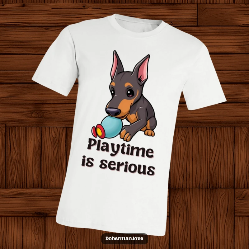Funny Doberman T-Shirt showing a kawaii doberman puppy with perked-up ears, playfully nudging a toy, inviting interaction.