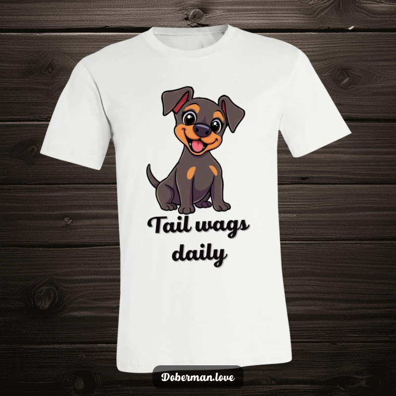 Funny kawaii Doberman t-shirt with wide, excited eyes and a vigorously wagging tail, showcasing pure canine joy and excitement.