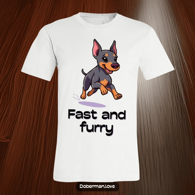 Funny little Doberman t-shirt featuring a dog with a sleek coat running with speed, conveying athletic prowess and humor.