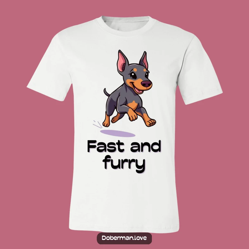 Funny Little Doberman T-Shirt, Running Fast, Sleek Coat - Athletic Dog Apparel