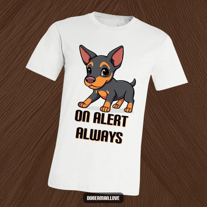 Funny Protective Doberman T-Shirt: a kawaii Doberman with sleek ears in a strong, protective stance, embodying loyalty and awareness.