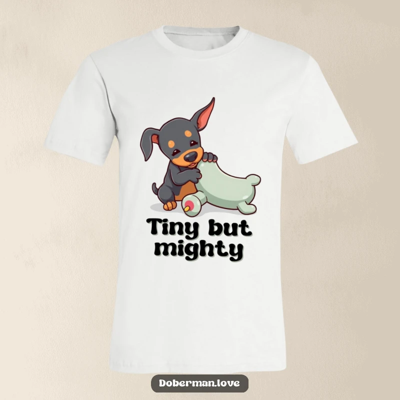 Funny Doberman t-shirt featuring a tiny dog playfully wrestling with an oversized toy chew, showcasing its energetic and tenacious nature.