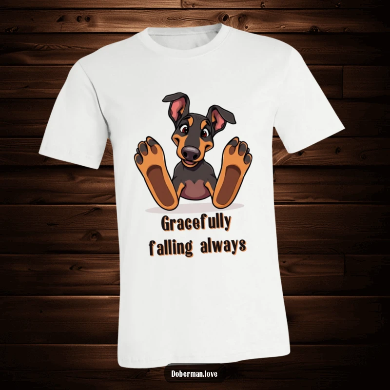 Funny Doberman dog stumbling awkwardly over its own large paws on a t-shirt, perfect for dog lovers.