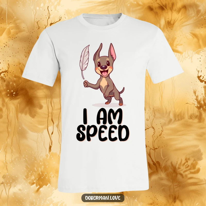 Funny Kawaii Doberman t-shirt depicting an energetic dog leaping enthusiastically to catch a floating feather, capturing action and joy.