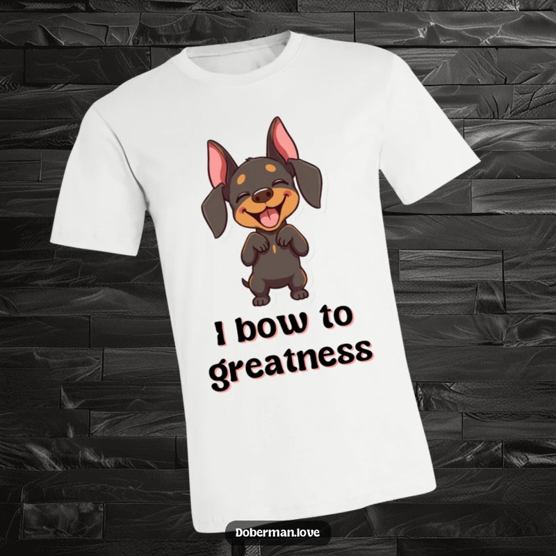Funny Doberman t-shirt depicting a happy dog with closed eyes, executing a charming and playful bow with pure joy.
