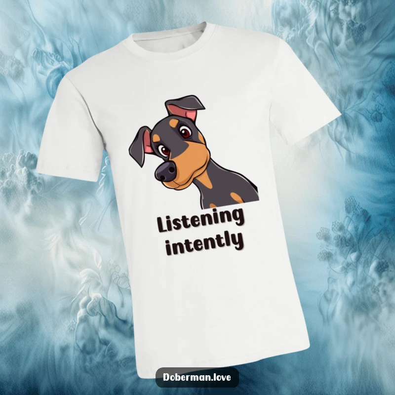 Funny Doberman t-shirt featuring a curious dog tilting its head with attentive eyes, highlighting its intelligent and lovable nature.