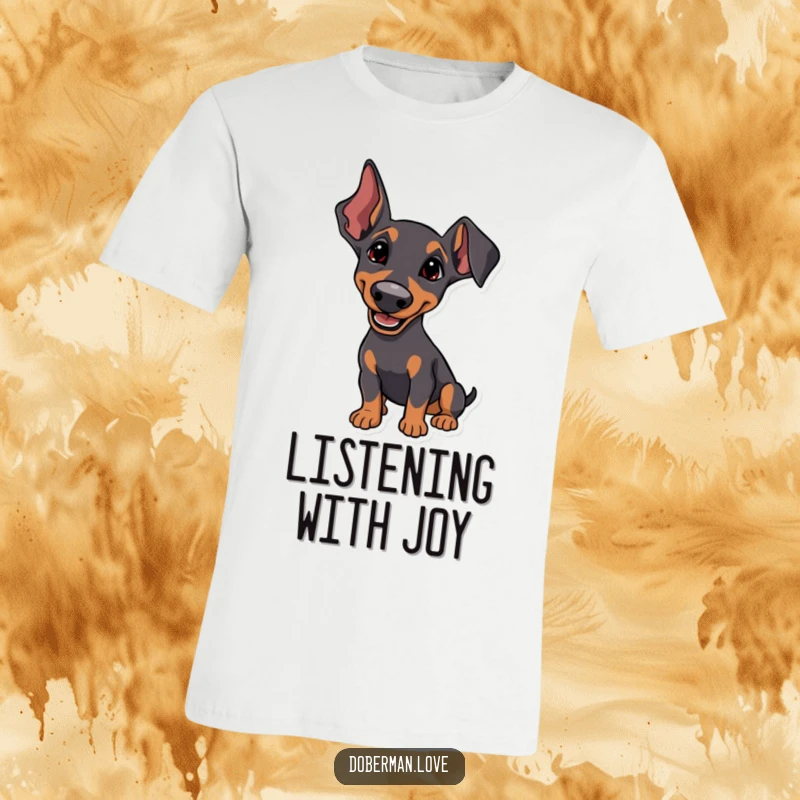 Funny T-Shirt featuring a Doberman with perked ears, listening intently with a happy tilt, radiating engaged curiosity and charm.