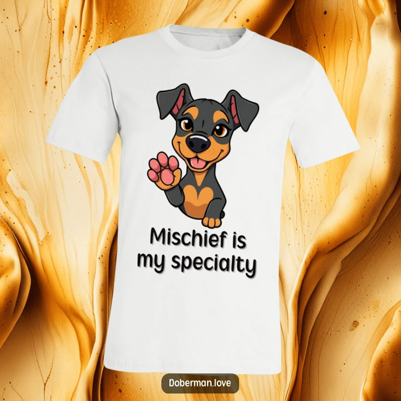 Funny t-shirt depicting a Doberman dog with a sly, mischievous expression, offering its paw for a conspiratorial handshake.