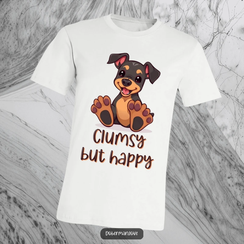 Funny kawaii doberman puppy with oversized paws, enthusiastically playing fetch, wearing a t-shirt, embodying pure puppy joy.