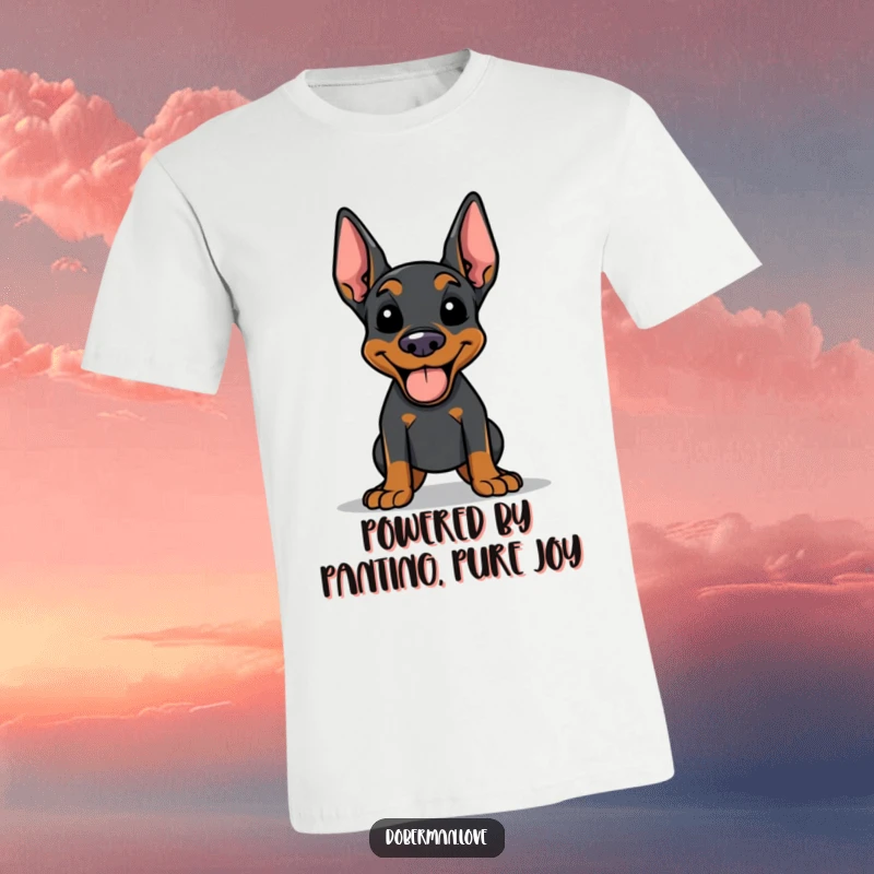 Funny Doberman t-shirt showing a happy dog panting with its tongue out, capturing the pure exhilaration of exercise and fun.