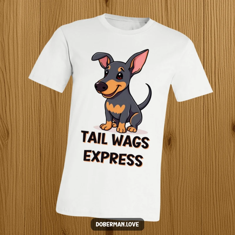 Funny T-Shirt featuring an enthusiastic Doberman wagging its tail with a soft smile, exuding pure happiness and doggy love.