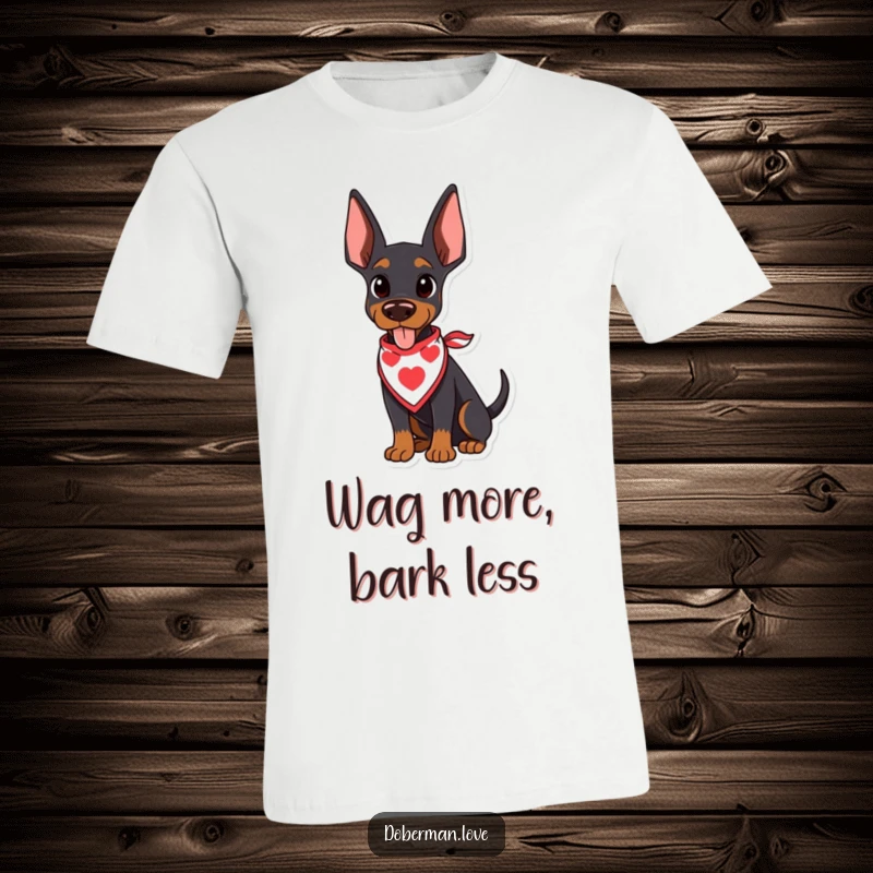 Funny Doberman T-Shirt showing a kawaii doberman puppy with a cute bandana, its tail wagging furiously with excitement and joy.
