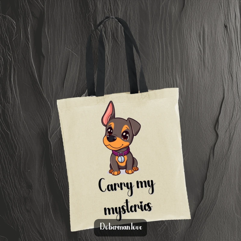 Funny Doberman Tote Bag showcasing a curious kawaii doberman puppy wearing a small bell collar, ready to explore.