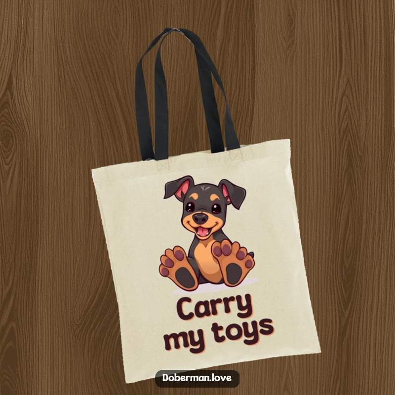 Funny kawaii doberman puppy with oversized paws, enthusiastically playing, printed on a durable tote bag.