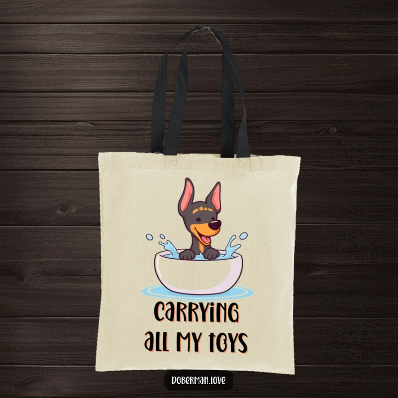 Funny Doberman Tote Bag: Cute kawaii dog playfully splashing water, a delightful design for dog lovers.