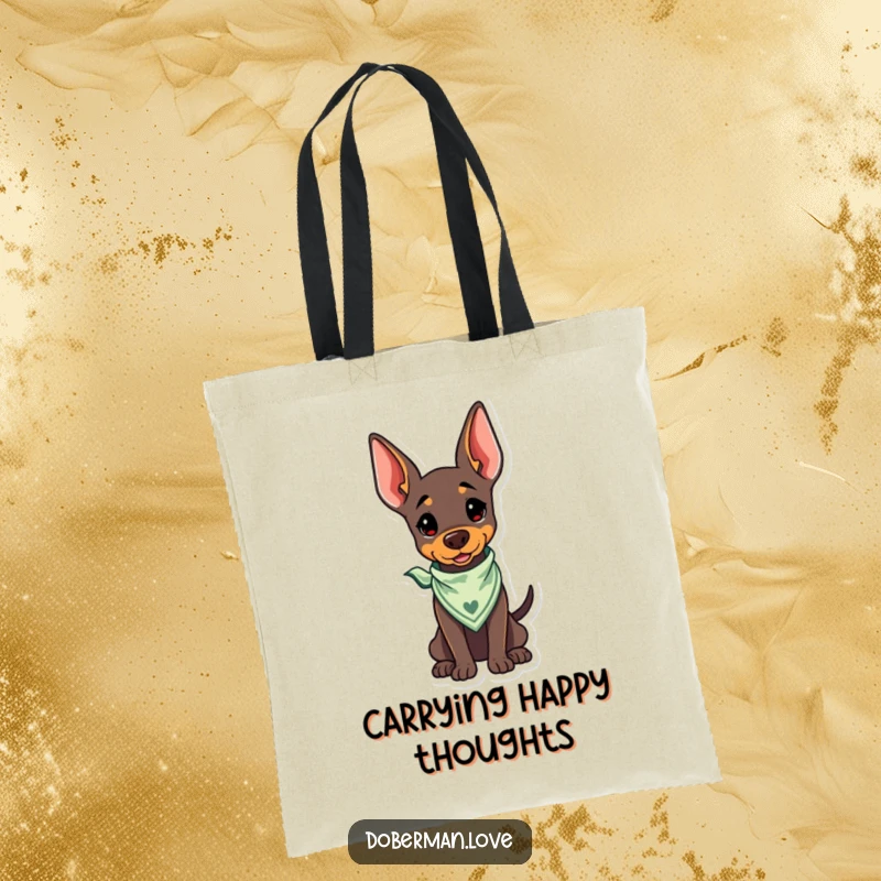 Funny Kawaii Doberman Tote Bag with a bandana and wagging tail, for carrying happy humor.