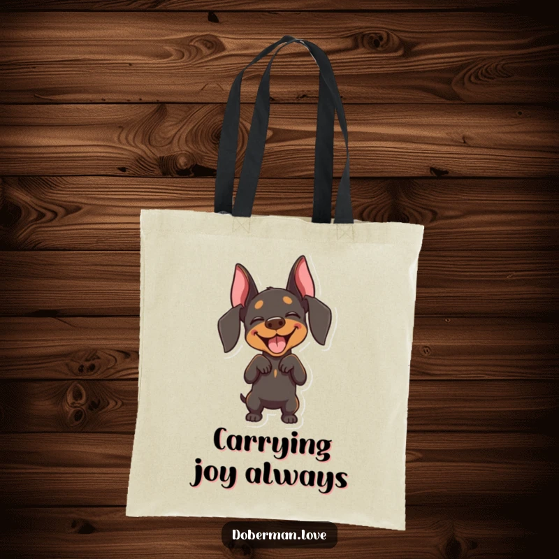 Funny Doberman tote bag illustrating a happy dog with closed eyes, performing a playful bow, perfect for carrying joy.