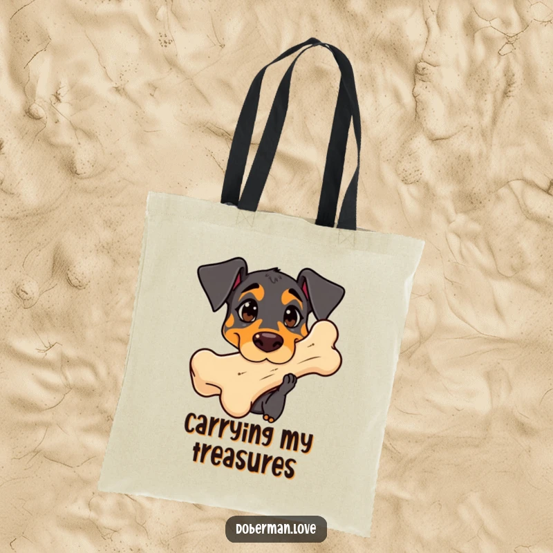 Funny Doberman Tote Bag: Adorable kawaii dog with curious eyes sniffing a giant bone, a fun accessory.