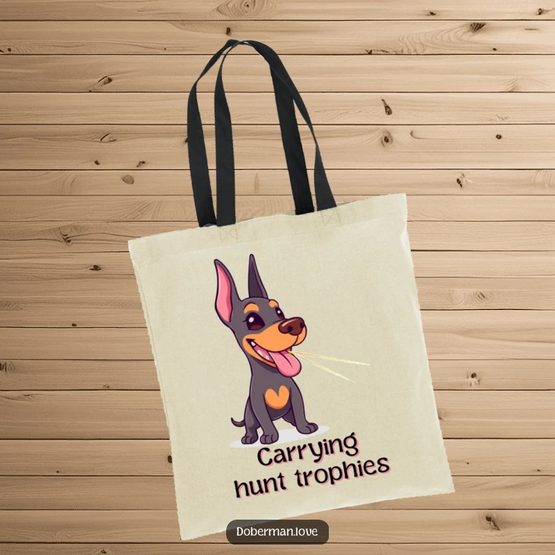 Funny Doberman tote bag illustrating a happy dog with tongue out, chasing a red laser pointer dot with comical intensity.
