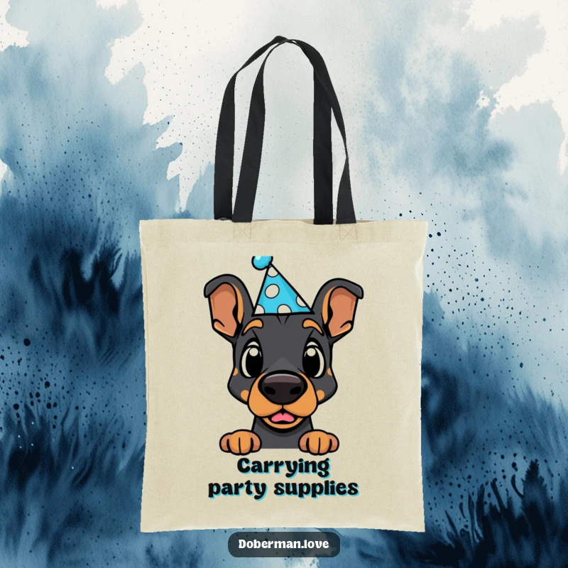 Funny Doberman Tote Bag: Cute kawaii dog wearing a party hat, hilariously surprised, ideal for carrying essentials.