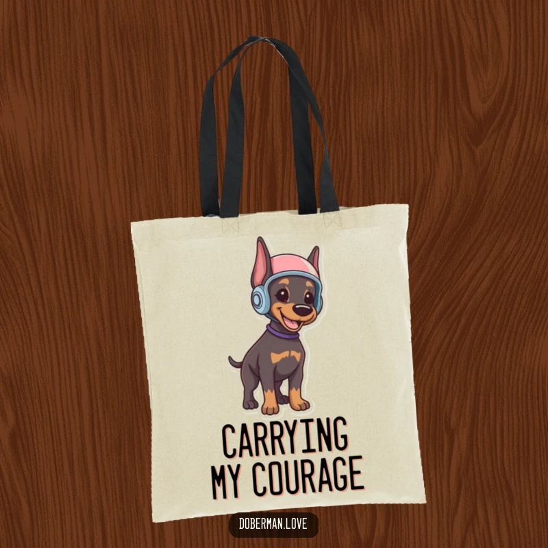 Funny Doberman puppy tote bag showing a smiling puppy in a tiny helmet, standing alert, ready to carry your items with protective charm.