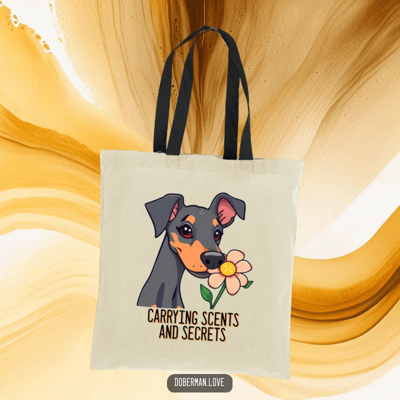 Funny doberman tote bag with a curious dog sniffing a vibrant flower, highlighting a humorous and endearing canine interest.