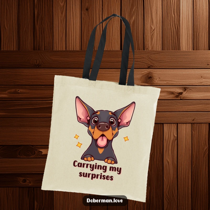 Funny tote bag illustrating a Doberman dog with a comically surprised look, startled by the sound of its own echo.