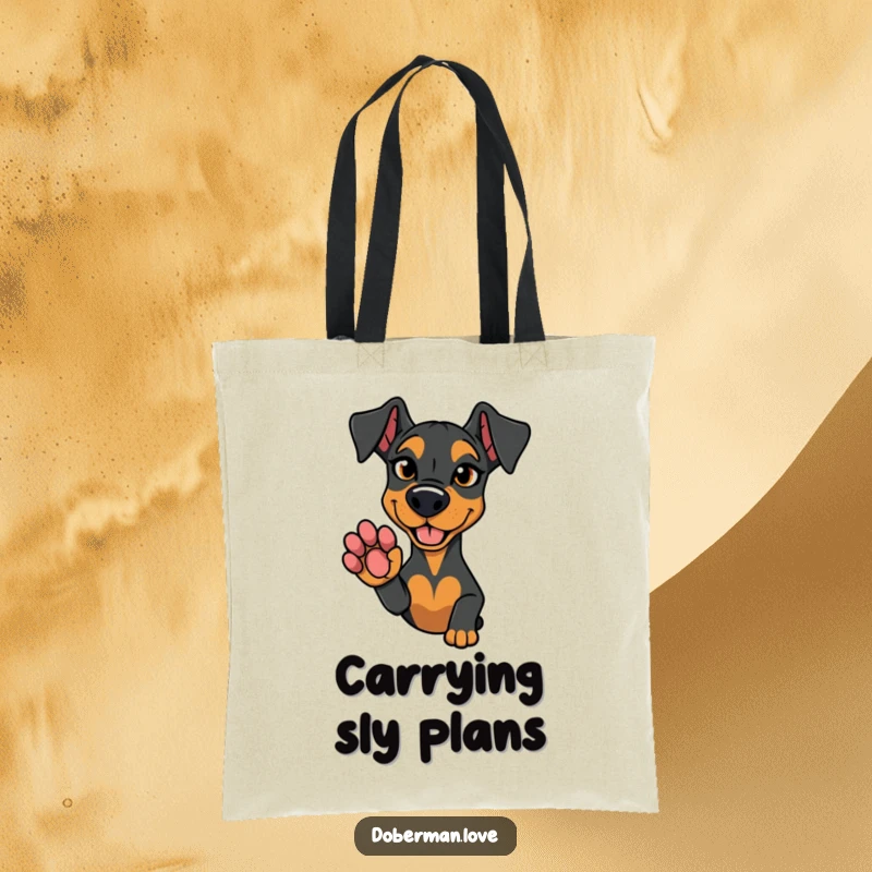 Funny tote bag illustrating a Doberman dog with a mischievous glint, offering its paw for a secret pact.