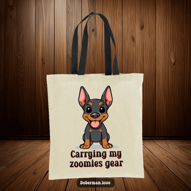 Funny Doberman tote bag illustrating a happy dog panting with tongue out, perfect for carrying groceries or essentials with a smile.