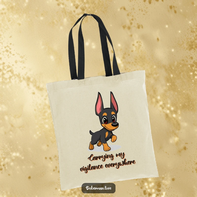 Funny Doberman tote bag with a determined dog intently chasing a shadow, showcasing its watchful eyes and playful hunting instincts.