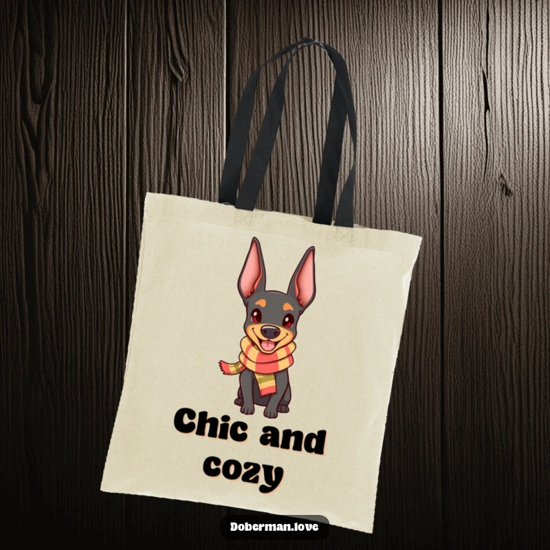 Funny Doberman Tote Bag: Adorable kawaii dog wearing a tiny scarf, looking happy, a cheerful accessory.