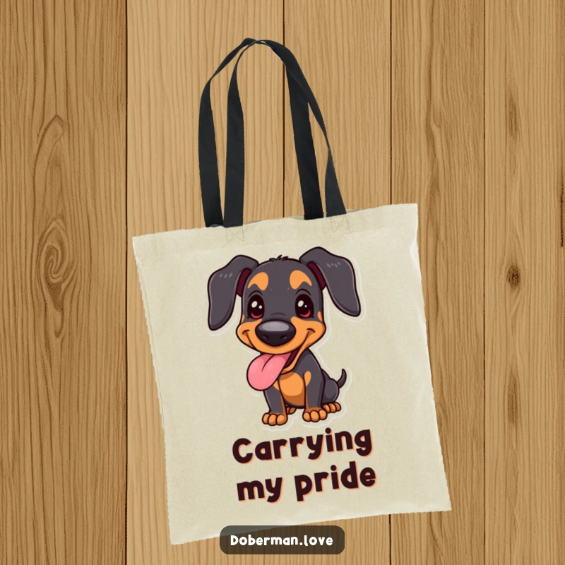 Funny joyful Doberman tote bag featuring a happy panting dog in a proud stance, perfect for carrying items with humor.