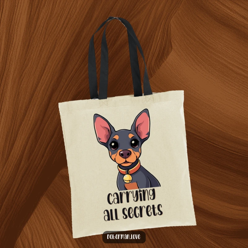 Funny Kawaii Doberman Tote Bag with a tiny bell collar, a curious dog design for stylish humor.
