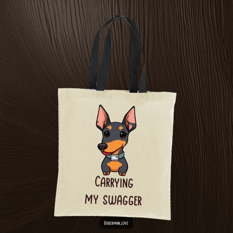 Funny Kawaii Doberman tote bag; a proud pup flaunts a small, stylish collar, ready for any adventure.