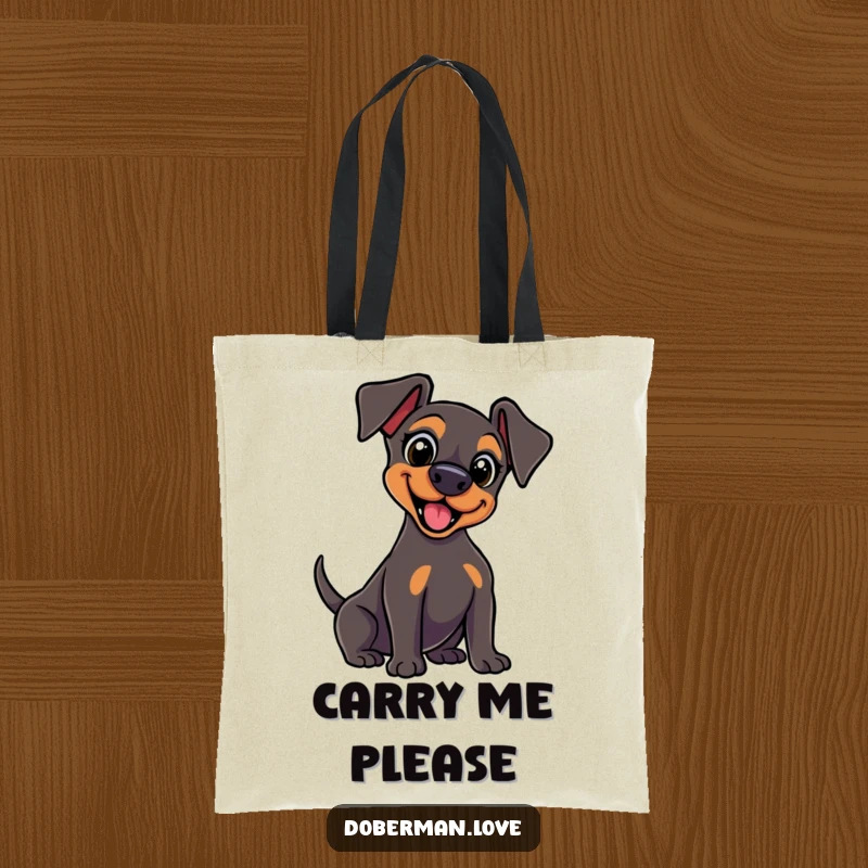 Funny kawaii Doberman tote bag with wide, excited eyes and a vigorously wagging tail, perfect for carrying daily items.