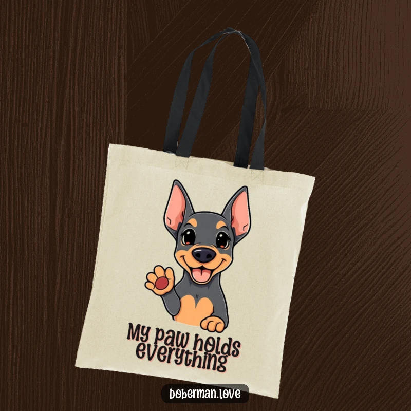 Funny Kawaii Doberman tote bag with a cute dog offering an open paw, great for shopping and everyday use.