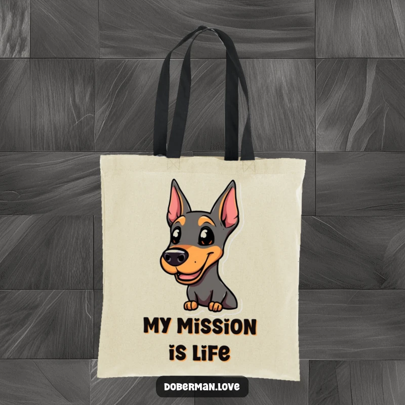 Funny smiling Doberman tote bag, alert and ready for action, perfect for carrying essentials with confidence and humor.