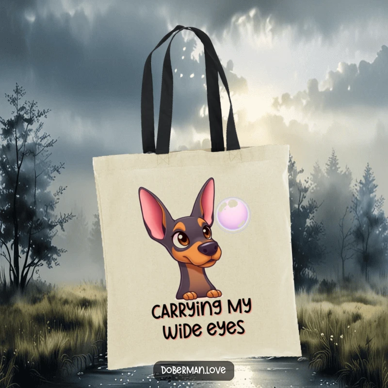 Funny Doberman Tote Bag: Surprised innocent dog watching a bubble, a humorous and practical carry-all.