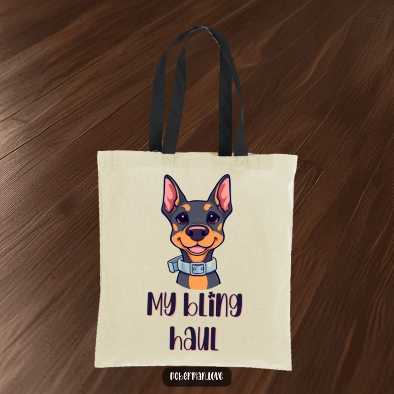Funny Kawaii Doberman Tote Bag featuring a cute doberman balancing a shiny collar. Durable and fashionable, perfect for shopping and everyday use.
