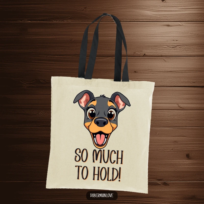 Funny doberman tote bag showing a dog with wide eyes and an open mouth, capturing a moment of comical shock.